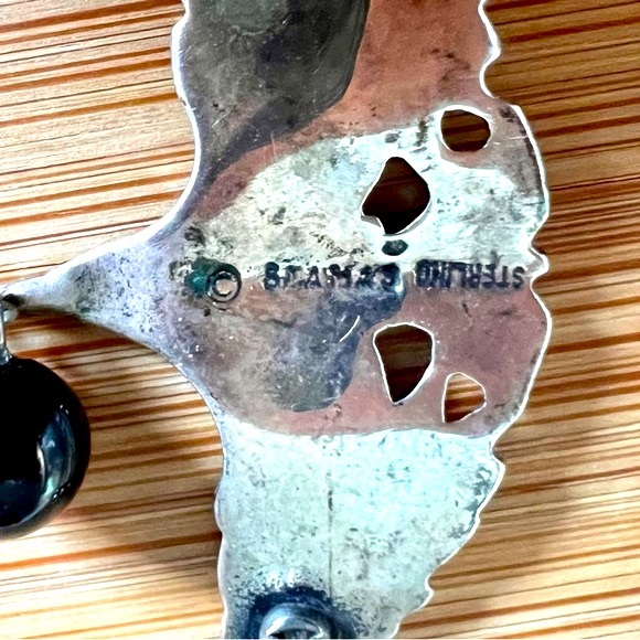 Steve Stamas .925 Silver Art Nouveau Style Floral Brooch Pin Onyx Drop Bead - Picture 3 of 9